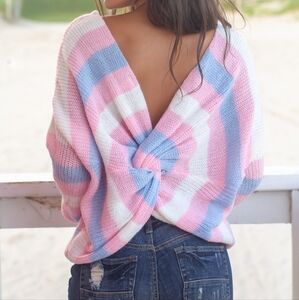 Boutique Pink Blue White Striped Twist Back (or front) Off Shoulder Sweater